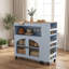 Îlot de cuisine sur roulettes avec table allongée Chariot de rangement de cuisine en panneau de fibres à densité moyenne avec prises de courant DEL 2 portes en verre cannelé côté 3 tablettes ouvertes Prise US bleue-123147625-123147626