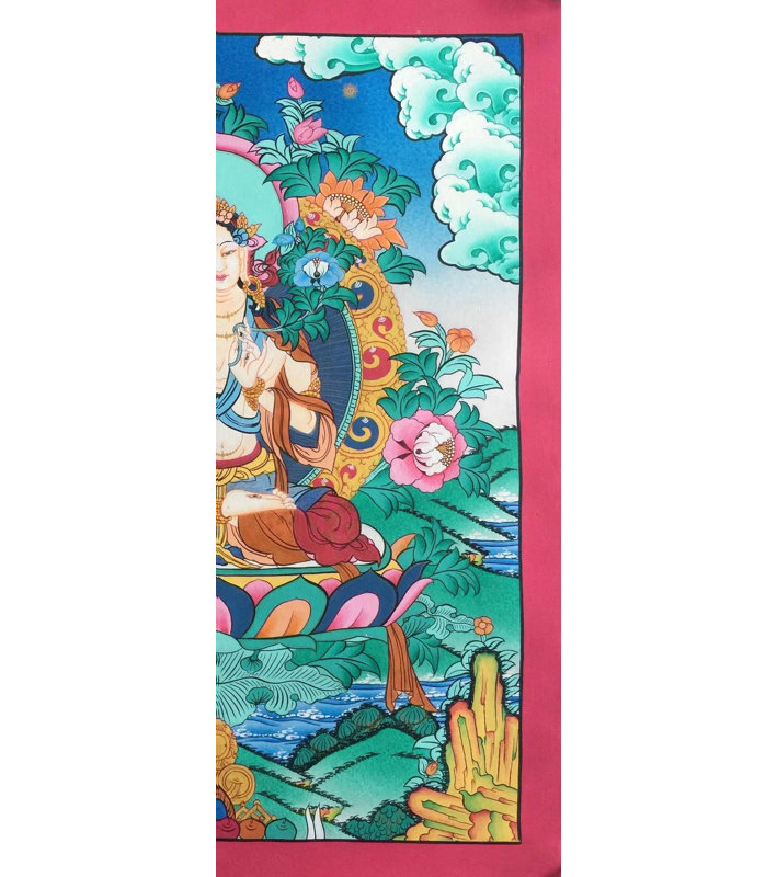Tara blanche sur lotus (Thangka sans brocart) | Or 24 carats, gouache et acrylique sur toile de coton