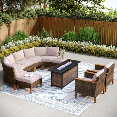 Salem Wicker Outdoor Patio Conversation Furniture Sectional Set with Fire Pit Table