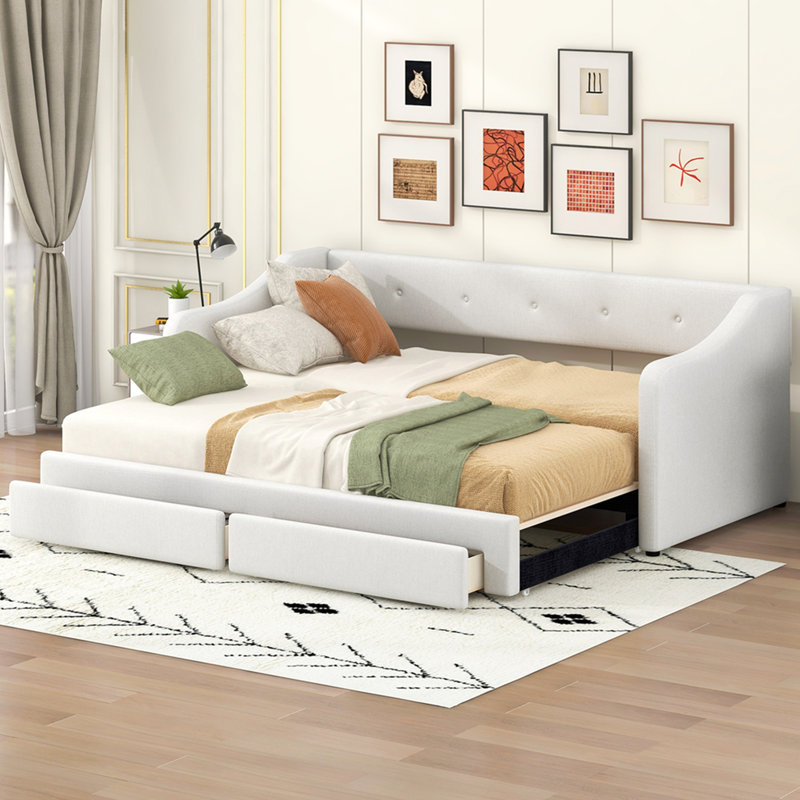 Twin XL to King Size Upholstered Daybed with Two Drawers, Beige