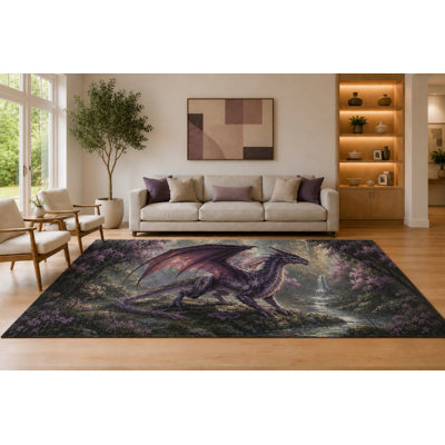 Grand tapis dragon floral mauve et gris de 6 pi 7 po x 9 pi 10 po pour le salon, tapis doux à poils courts avec envers en silicone antidérapant, décor pour la salle à manger et le bureau à domicile