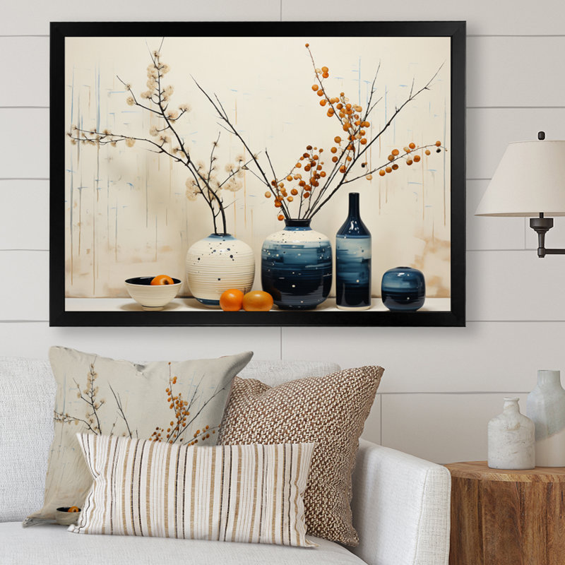 «Blue Beige Minimalist Oasis Pottery», reproduction d'art sur toile, H 24 po x l 32 po x P 1 po, Cadre simple noir