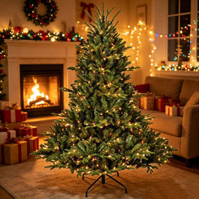 Arbre de Noël artificiel illuminé 8 pi, feuillage mélangé PE / PVC, 2673 extrémités de branches, 900 lumières UL, branches articulées, base large et support en métal stable