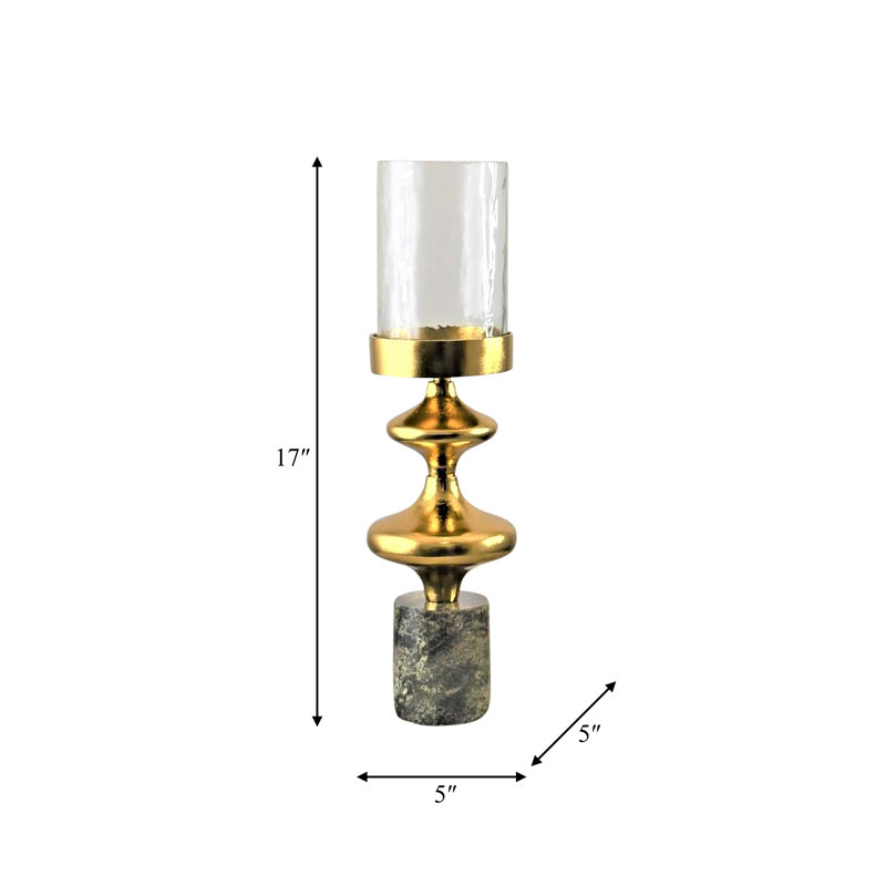 Pillar Holder with Sculptural Aluminum Body, Marble and Stone Base, Textured Glass Top, Glam Luxe Style, Contemporary Accent in Sleek Metal Design for Elegant Modern Decorative Display