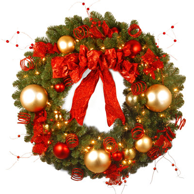 36in. Decorative Collection Cozy Christmas Wreath with Red and Clear Lights