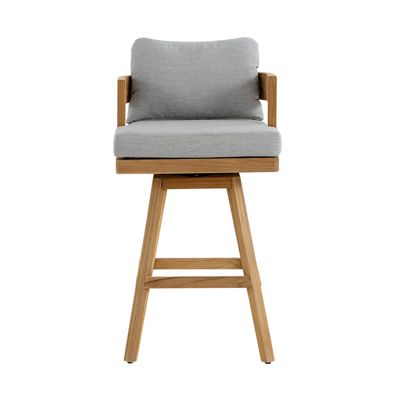 Tabouret de bar rotatif extérieur Kempson, toile Sunbrella teck naturel FSC, Gris