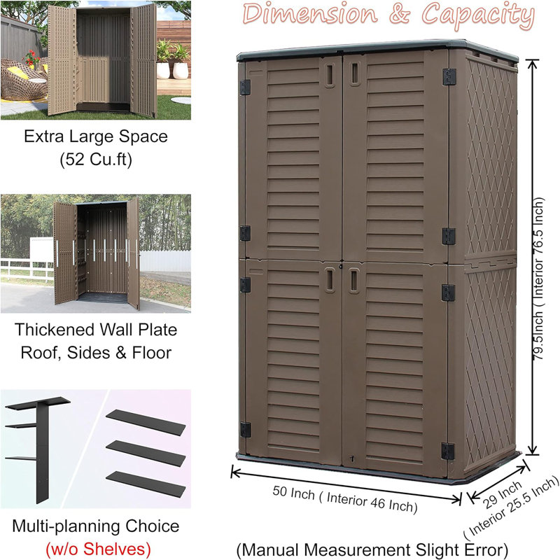 50 in. W x 29 in. D x 79.53 in. H Resin Vertical Tool Shed, Brown