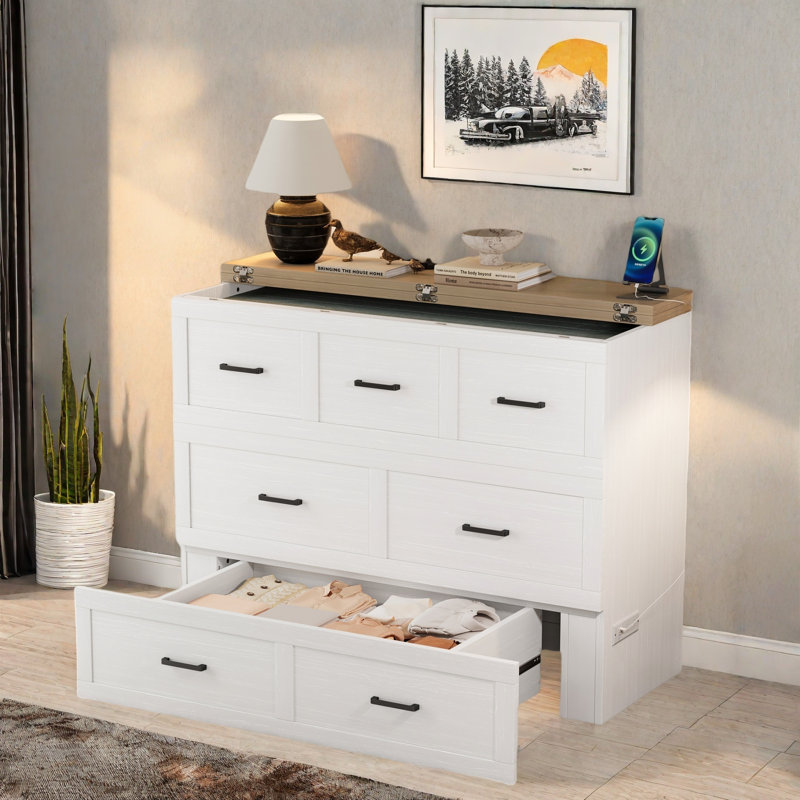Lit escamotable multifonctionnel pliable avec station de charge et 1 grand tiroir de rangement, Double, Blanc
