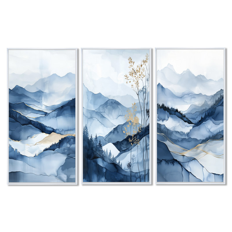 «Blue Mountain Horizon», art mural paysage aquarelle - montagne, 3 pièces, H 40 po x l 60 po, Cadre flottant blanc