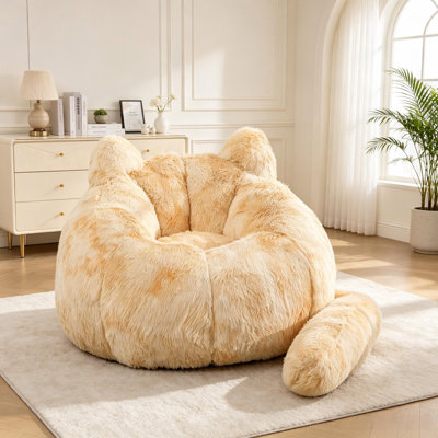 Pouf en fausse fourrure jaune en forme de chat de 106 cm avec coussin en forme de queue, idéal pour le salon, la chambre et la chambre d'étudiant.