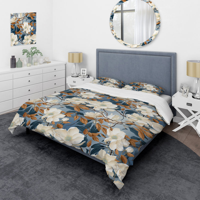 Zen Grey And White Flower Elegance I - Ensemble de housse de couette à motif floral