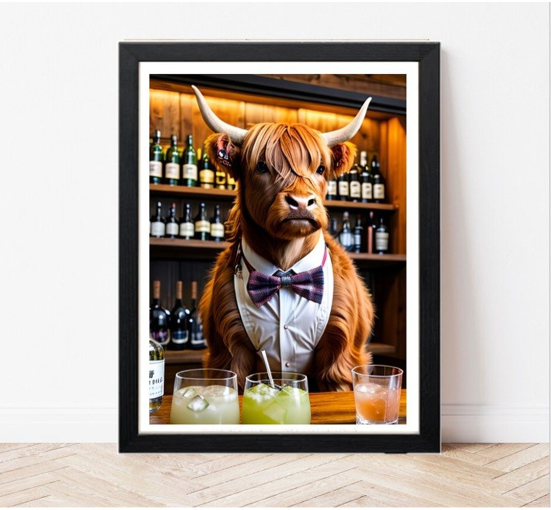 Highland Cattle Print - Highland Cow Making Cocktails - Hipster Wall Art – Bar Print