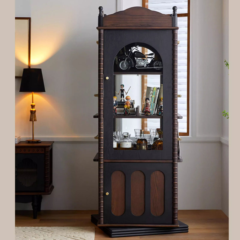French-Style Vintage Oak Rotating Storage Cabinet With Glass Doors Bookcase