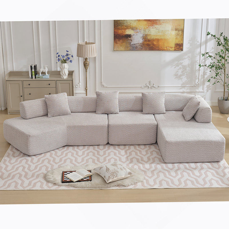 Canapé modulaire moderne en L de 140 po, sans assemblage requis, canapé modulaire Boucle, Polyester gris