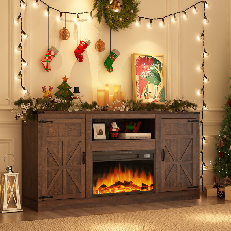 66" Fireplace TV Stand for TVs up to 65/70 inch with 26" Electric Fireplace, Farmhouse Entertainment Center with Power Outlets with Adjustable Shelves