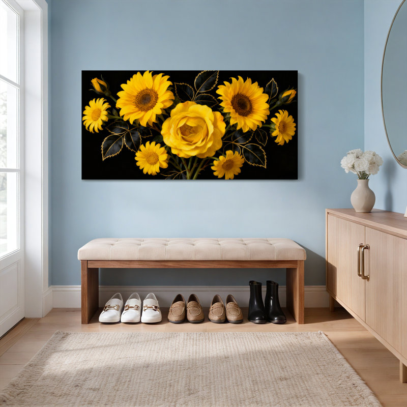Ensemble d'une toile tendue représentant des tournesols jaunes et des roses., H 28 po x l 58 po
