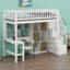 Lit mezzanine en bois avec bureau intégré, DEL, tablettes de rangement, armoires et escalier-114210570