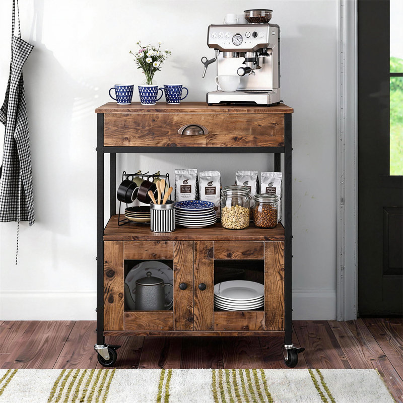 Adjustable Height Industrial Kitchen Cart on Wheels with Solid Wood Table Top, Storage Cabinet & Drawer - Mobile Kitchen Island