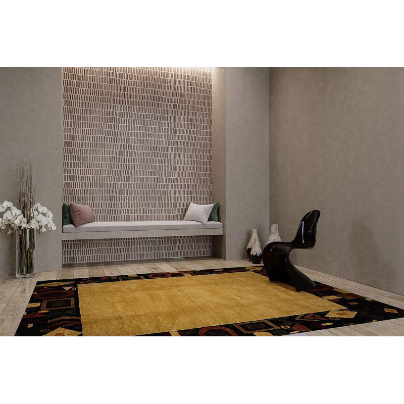 Wool Geometric Area Rug in Black/Gold, Rectangle 10' x 14'