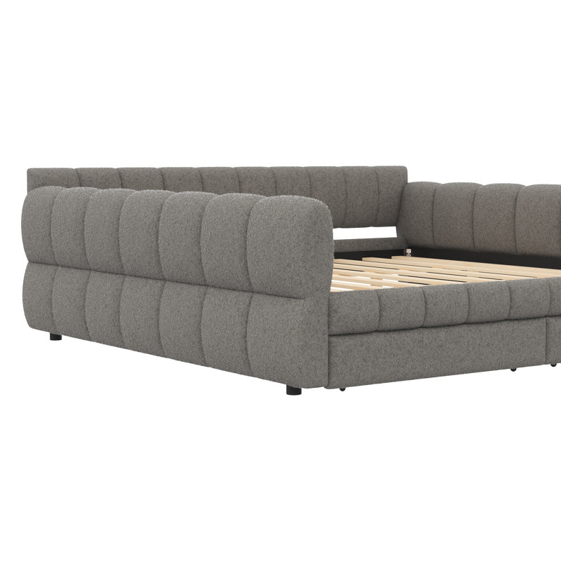 King Size Lambswool Upholstered Platform Bed with USB Ports & 2 Storage Drawers, Gray, Gray