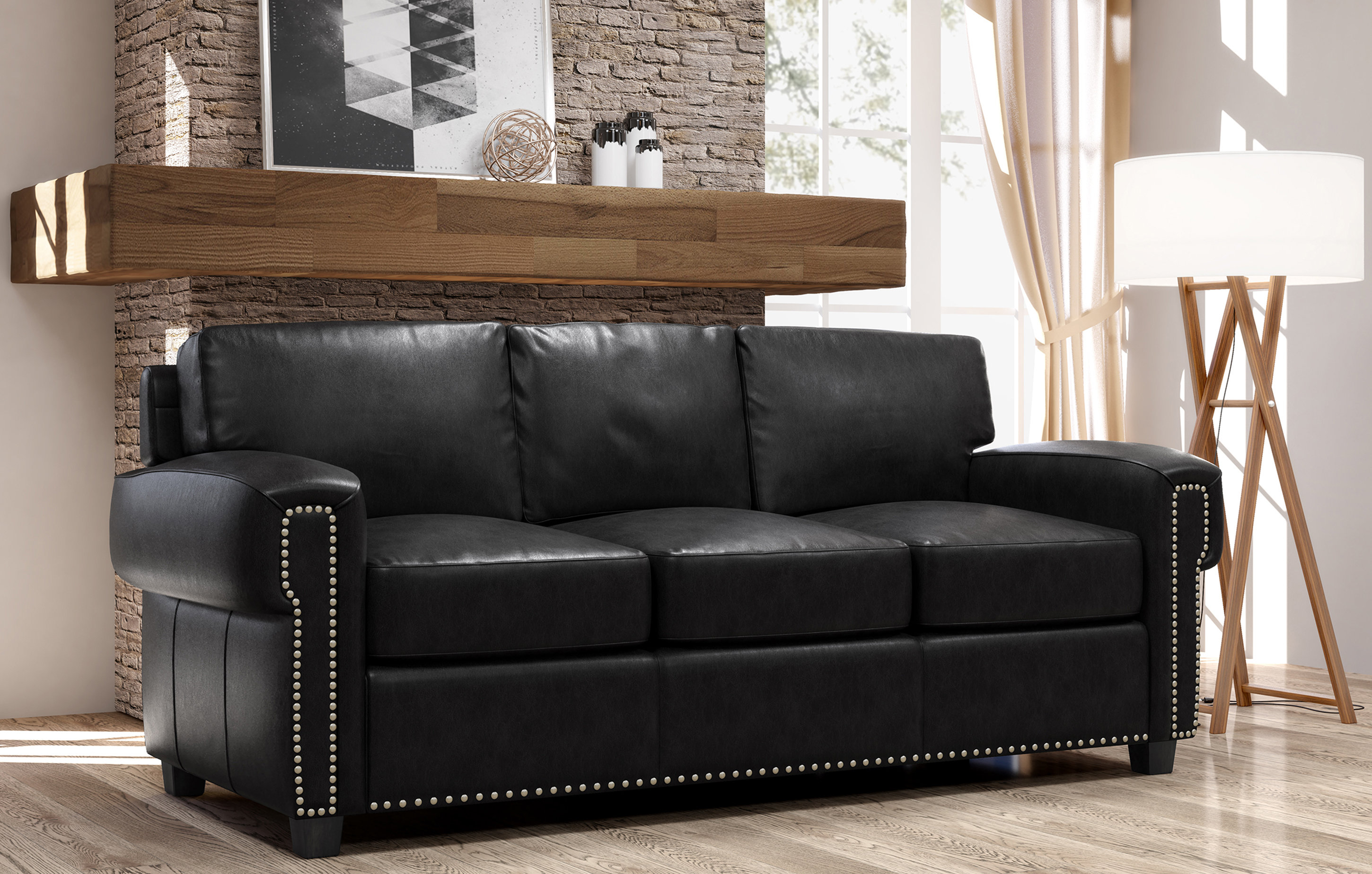 Black genuine online leather sofa