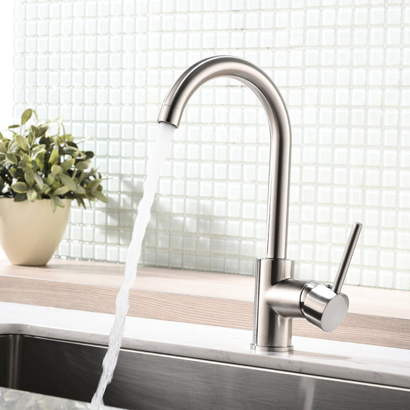 Robinet d'évier commercial en acier inoxydable - Monotrou, nickel brossé, acier à poignée en nickel à long terme, pour éviers de cuisine modernes et élégants