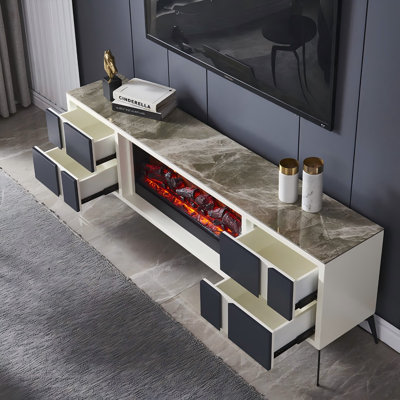 Armoire de cheminée décorative 70,87 "moderne en pierre frittée minimaliste avec flamme réaliste
