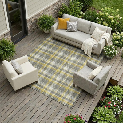 HomeRoots 10' X 14' Grey Yellow And White Plaid Washable Indoor Outdoor Area Rug