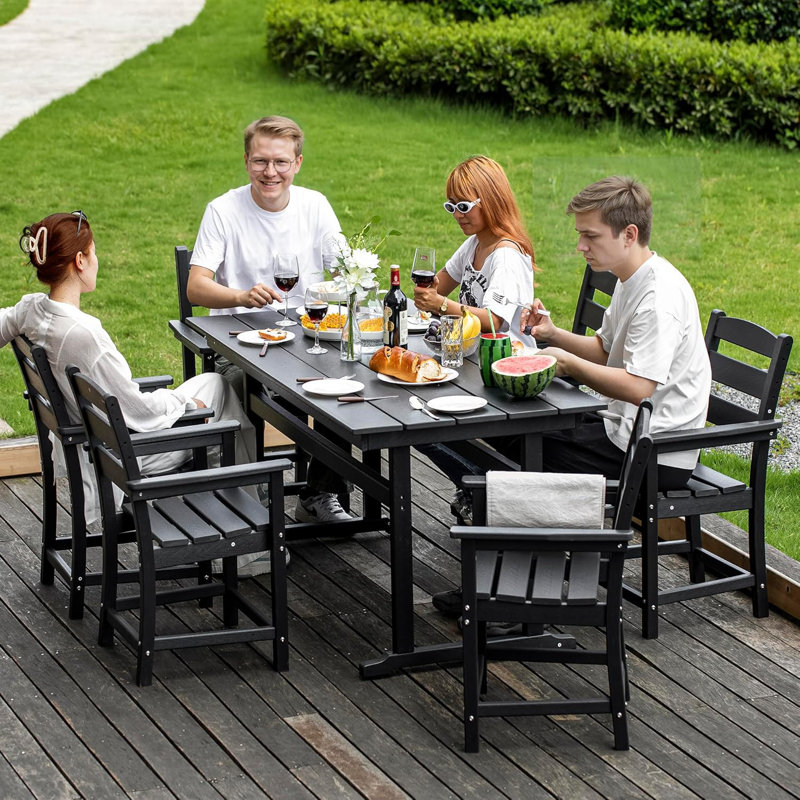 7-piece Patio Dining Table Set, Hdpe Outdoor Furniture Set With Umbrella Hole, Black