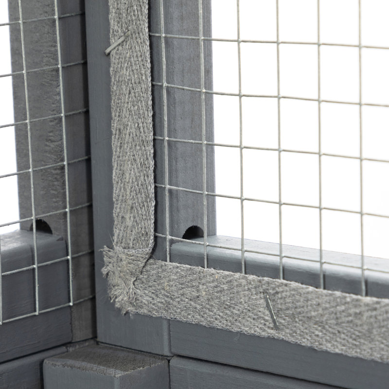 Enceinte pour chat grise de 70 pouces avec roulettes, plateformes d'escalade spacieuses, portes coulissantes verrouillables en forme de fenêtre et panneaux de toit en pin pour l'extérieur