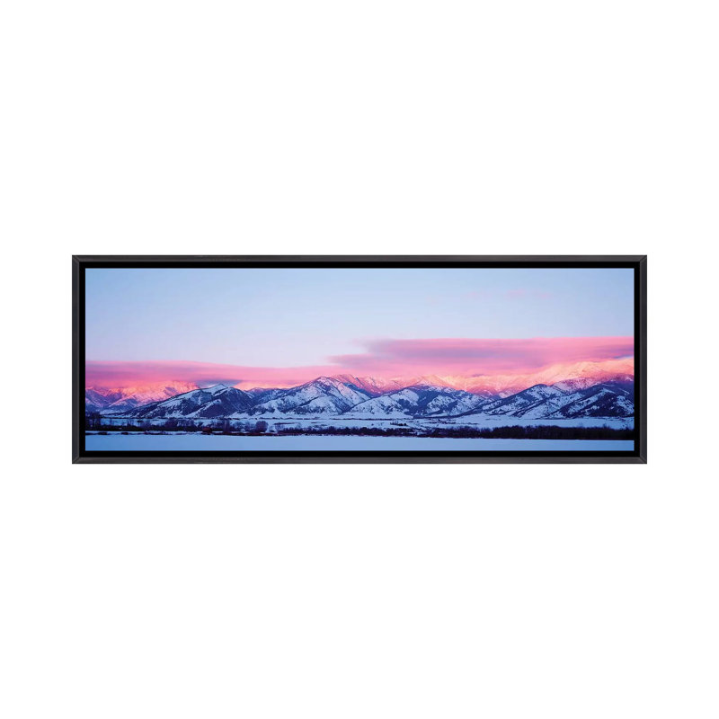 Reproduction de photo sur toile, "Bridger Mountains, Sunset, Bozeman", Toile avec cadre noir patiné