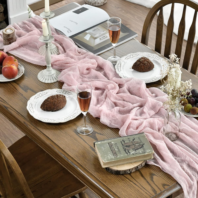 Blush Boho Gauze Wedding Cheesecloth Table Runner 400 cm | Valentine's Day Seasonal Fabric Kitchen Dining Holiday Table Decor for Home Party