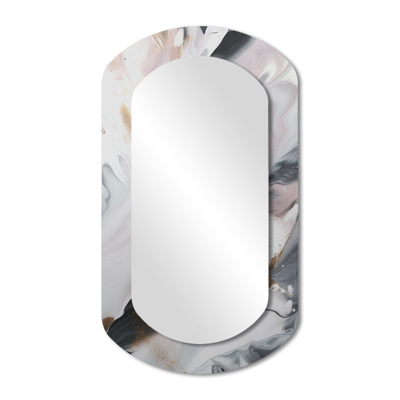 Blanc et gris ondulations de pierre II - miroir asymétrique en marbre, miroir mural décoratif cylindrique blanc, impression d'art en métal