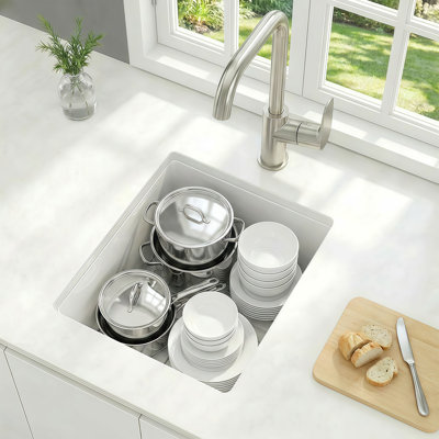Évier de cuisine en composite de granite blanc encastré à simple cuve de 18 po x l 16 po avec accessoires