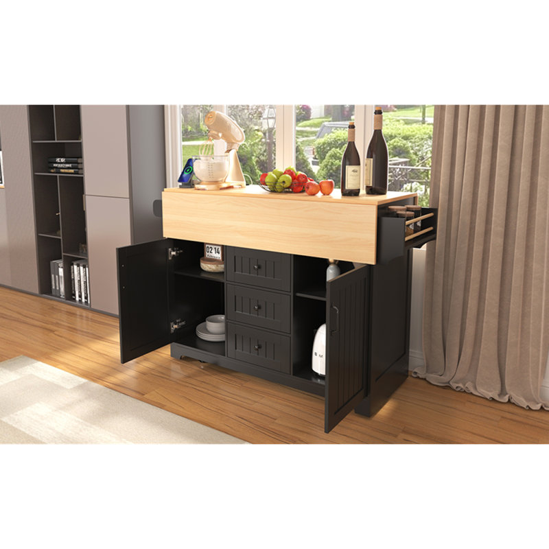 K&K 55.7'' Large Kitchen Island With 2 Drop Leaf,, Rolling Kitchen Cart On 5 Wheels With Power Outlet, Folding Storage Dining Table With Spice & Towel Rack , 3 Drawers, For Kitchen, Dining Room