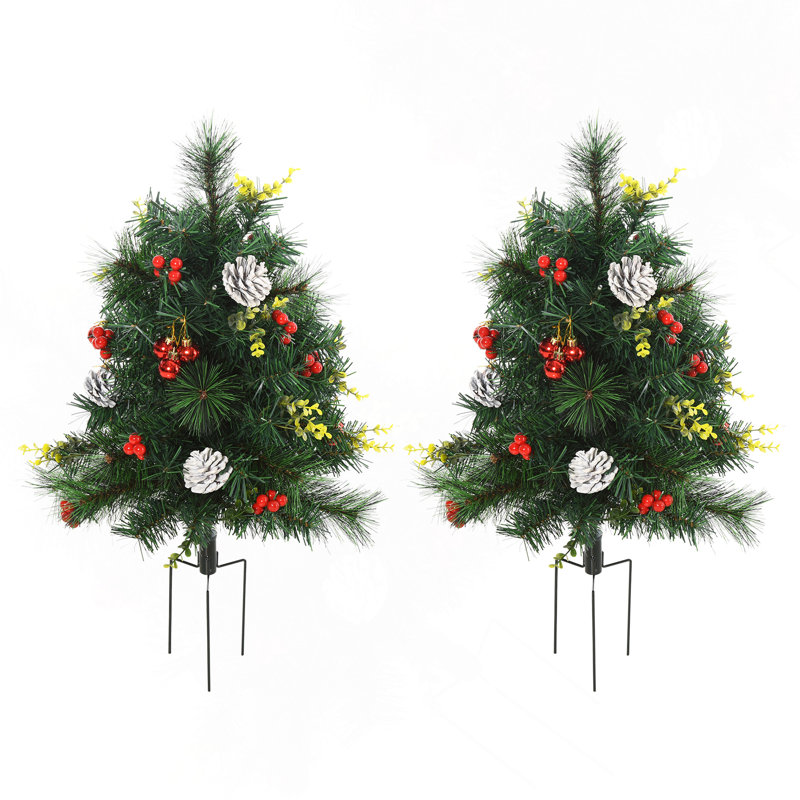 Arbre de Noël 22,5 po 2 pièces pin artificiel d'extérieur sans cordon avec 24 lumières et piquets blanc chaud