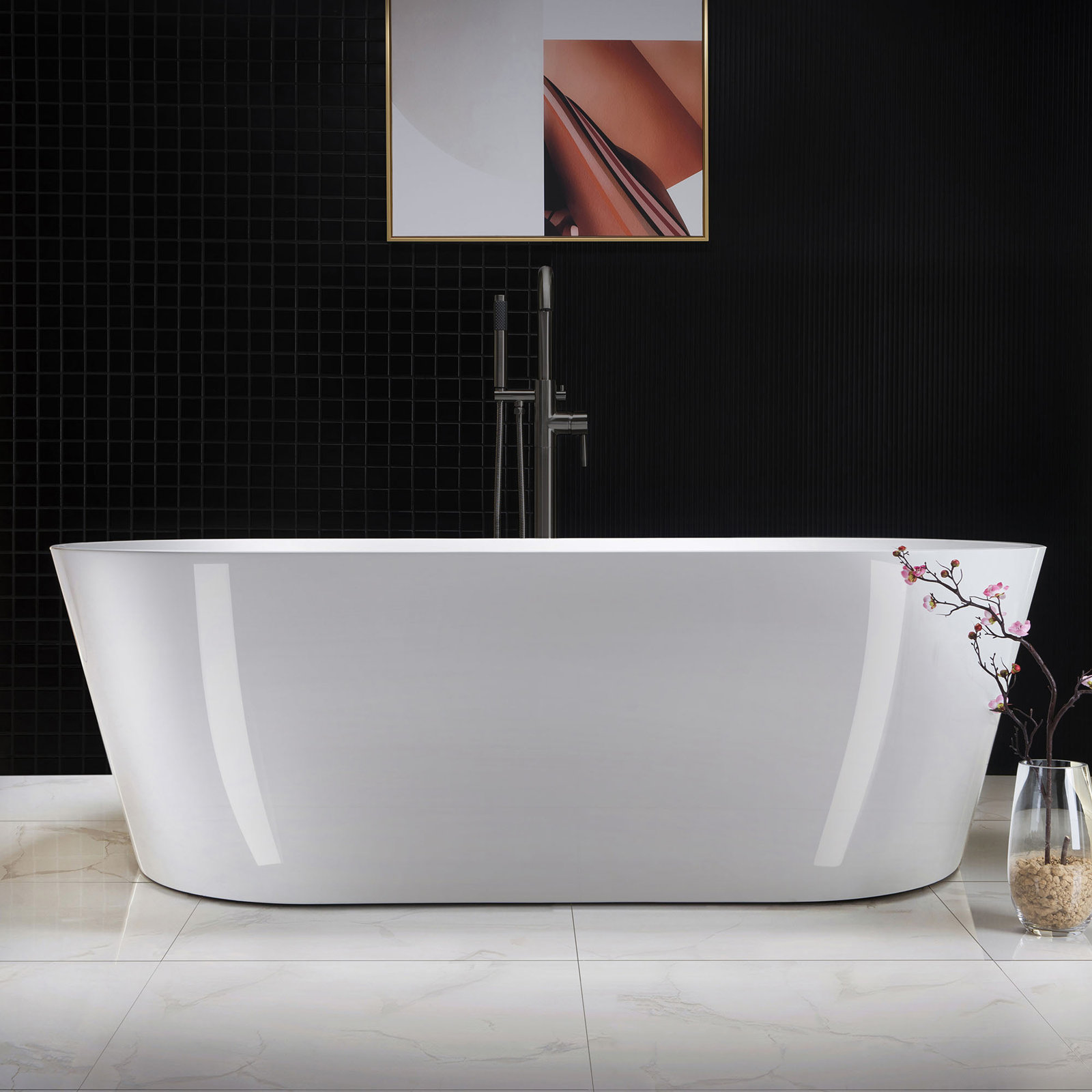 Cove 71" Freestanding Soaking Acrylic Bathtub, White/Matte Black