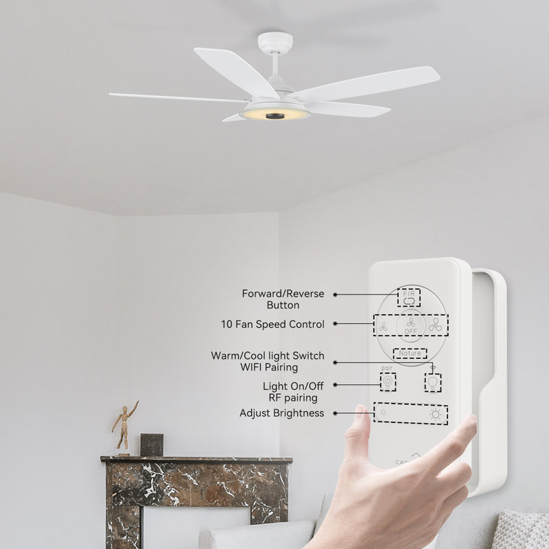Ventilateur de plafond standard intelligent à 5 pales Gatha avec télécommande et ensemble d'éclairage inclus, Blanc, Blanc