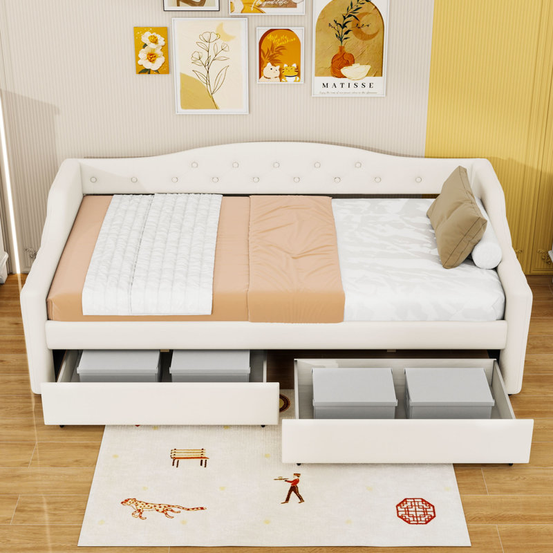 Twin XL Upholstered Daybed with Trundle and LED and 2 Drawers, Beige