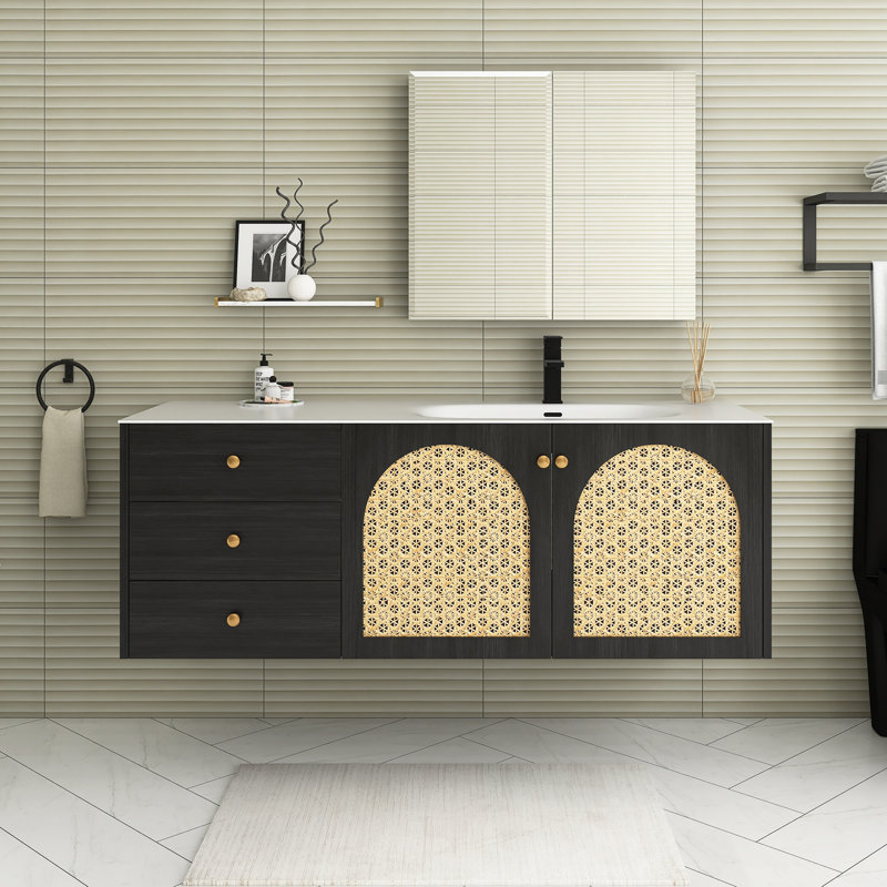 Ensemble de meuble-lavabo simple 60 po en chêne foncé avec plateau en alliage d'aluminium intégré 60 po