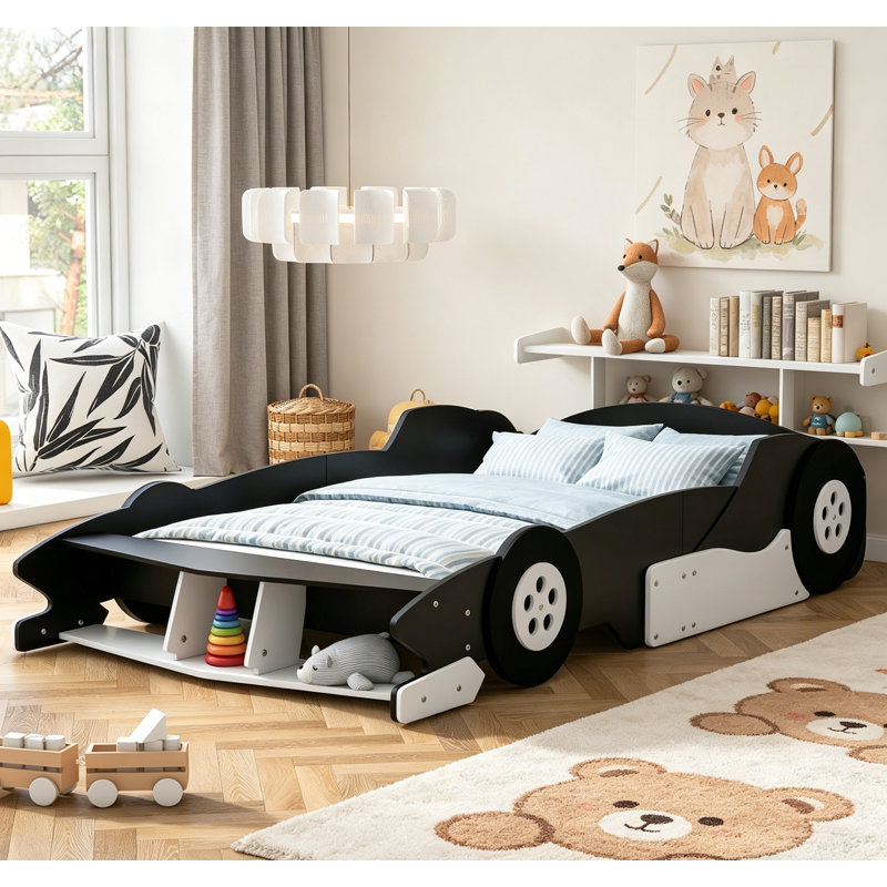 Lit plateforme pleine grandeur en forme de voiture de course avec roues, durable et sécuritaire pour les chambres d'enfants