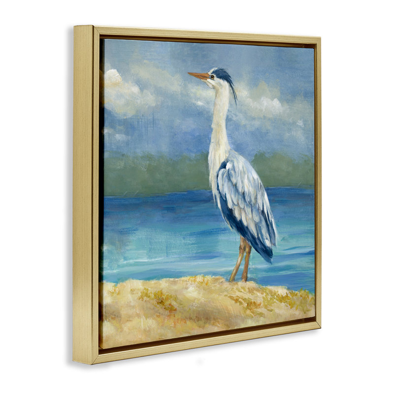 «Heron on Cloudy Beach», art mural sur toile flottante par Lanie Loreth, Cadre flottant métallique doré, H 18 po x l 18 po