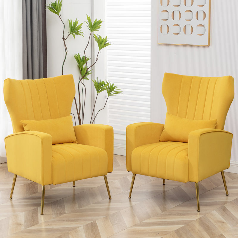 Chaise d'appoint rembourrée avec coussin pour le salon (ensemble de 2), Velours jaune