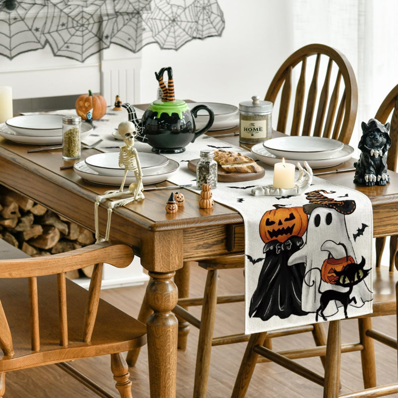 Chemin de table d'Halloween 210 g/m², 33 x 274 cm, décoration pour la maison et les fêtes | Citrouille fantôme et effrayante, décoration de table pour la cuisine et la salle à manger