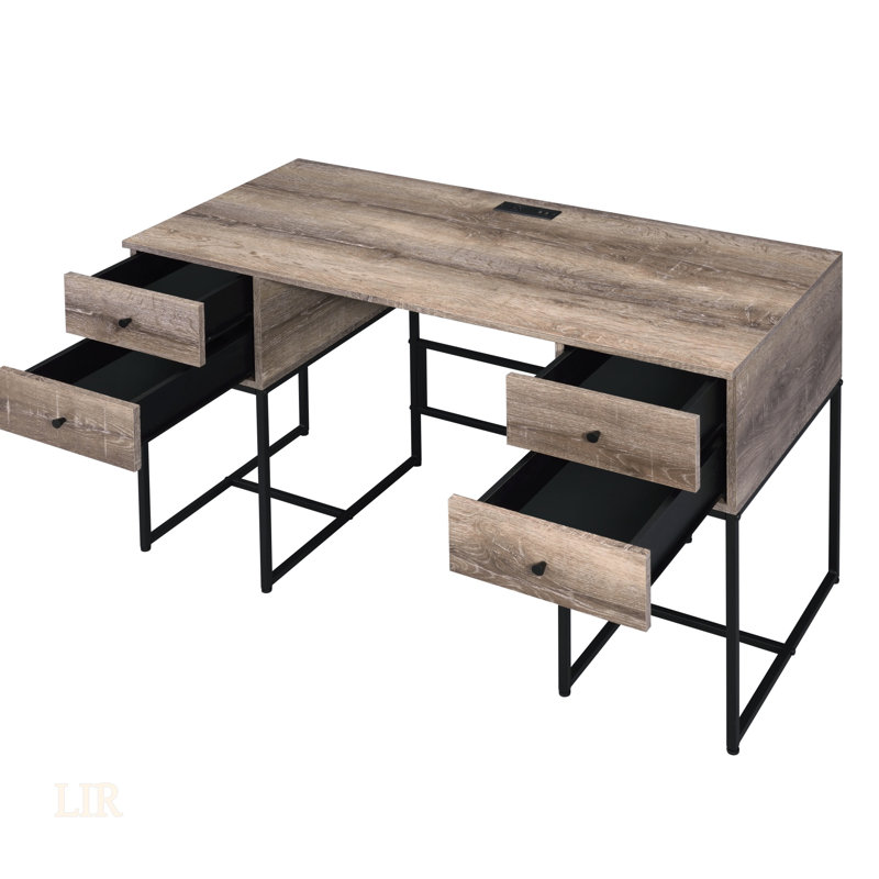 Desirre Rustic Oak & Black Finish Writing Desk With USB Port, Combining Modern Functionality And Rustic Charm For Efficient Workspaces.