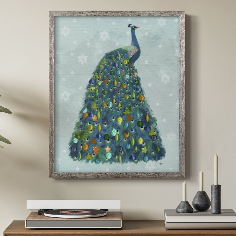 «Christmas Peacock Christmas Tree», reproduction encadrée - bois massif, H 30 po x l 24 po