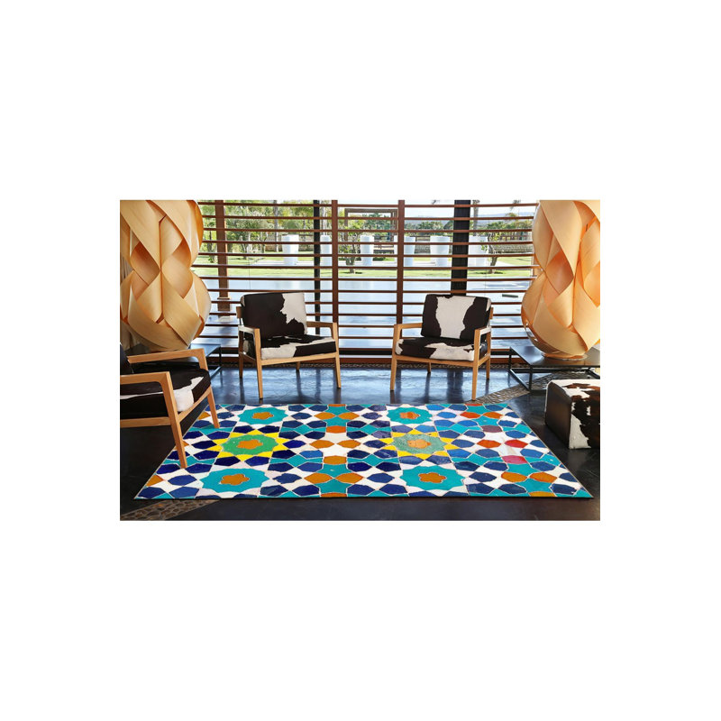 Tapis bleu délavé à motif géométrique mixte, Carré 3 pi 3 po 