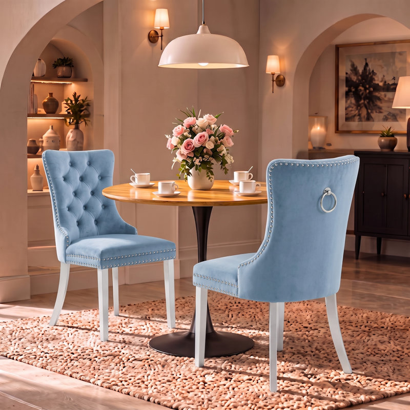 Ensemble de salle à manger rond 3 pièces avec 2 chaises rembourrées, Oak Wood/Black, Dusty Blue/Silver