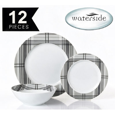 Waterside 12pc Porcelain Grey Tartan Dinner Set