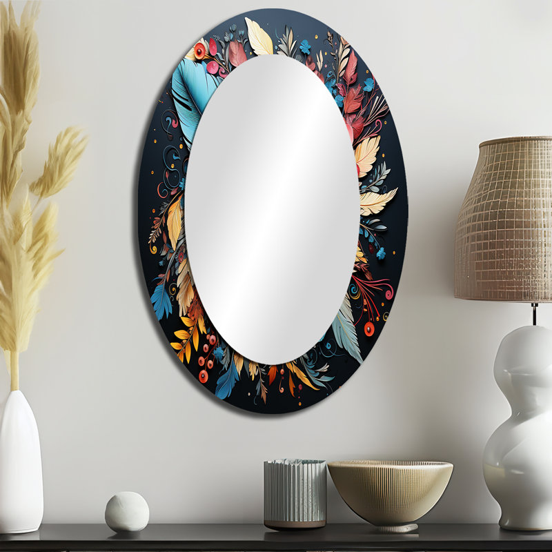 Boho Flowers Bouquet In Blue And Gold I - Abstract Oval Decorative Mirror On Metal, 36" x 24"